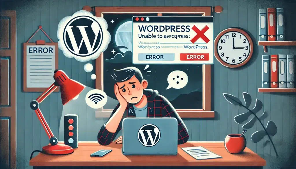 DALL·E 2024 07 07 01.10.17 An illustration of a user unable to access WordPress. Show a frustrated user sitting at a desk with a laptop displaying an error message on the screen