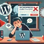 DALL·E 2024 07 07 01.10.17 An illustration of a user unable to access WordPress. Show a frustrated user sitting at a desk with a laptop displaying an error message on the screen