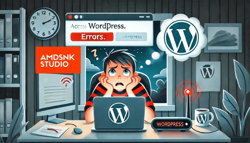 DALL·E 2024 07 07 01.10.21 An illustration of a user unable to access WordPress. Show a frustrated user sitting at a desk with a laptop displaying an error message on the screen 1